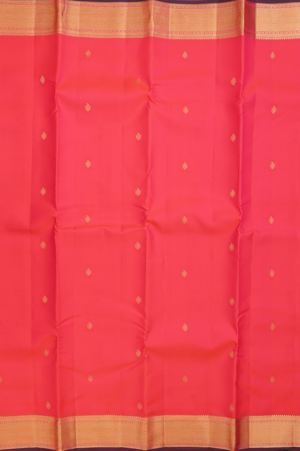 Kanchipuram Silk Saree In Coral Pink With Paisley Buttis