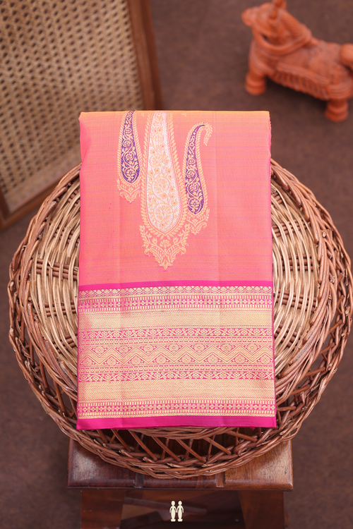 Kanchipuram Silk Saree In Coral Pink With Paisley Design