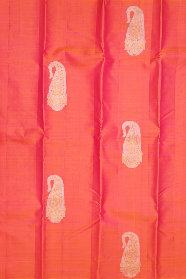 Kanchipuram Silk Saree In Coral Pink With Paisley Design