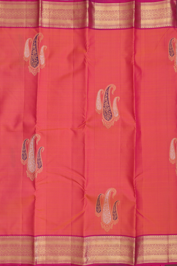 Kanchipuram Silk Saree In Coral Pink With Paisley Design