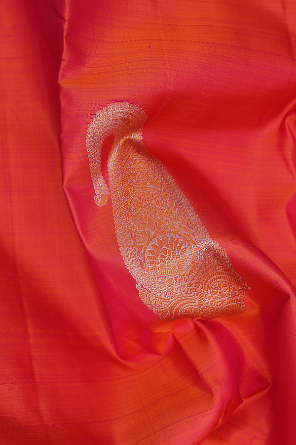 Kanchipuram Silk Saree In Coral Pink With Paisley Design