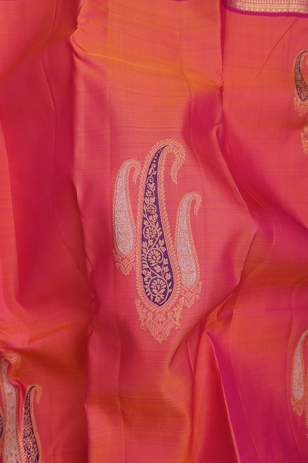 Kanchipuram Silk Saree In Coral Pink With Paisley Design