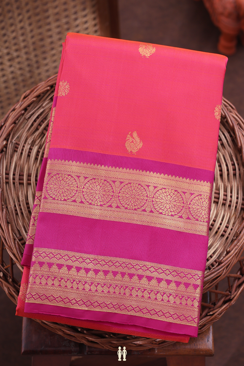 Kanchipuram Silk Saree In Coral Pink With Peacock Buttas