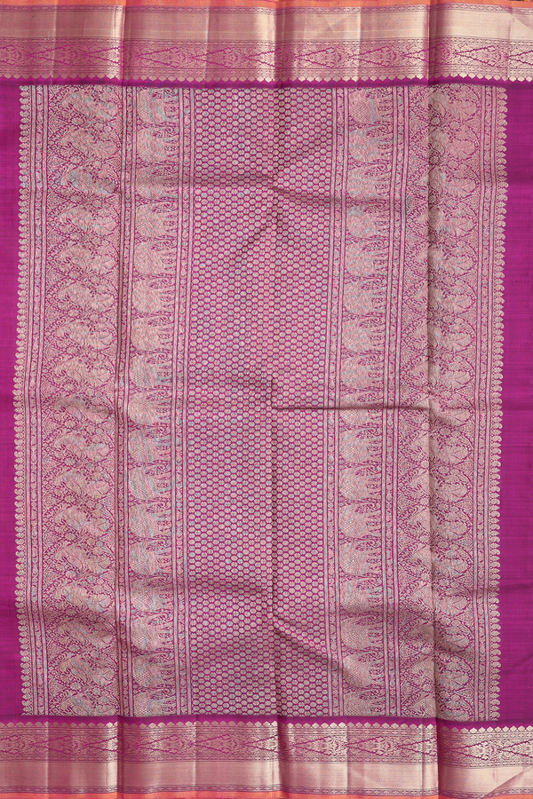 Kanchipuram Silk Saree In Coral Pink With Peacock Buttas