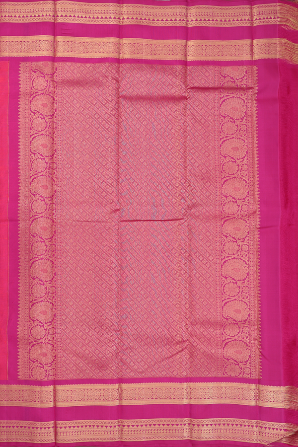 Kanchipuram Silk Saree In Coral Pink With Peacock Buttas