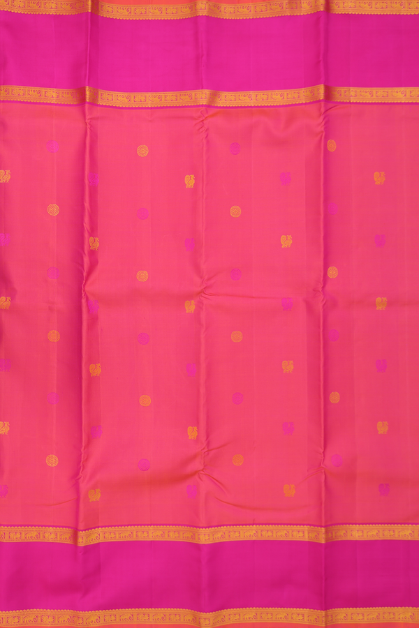 Kanchipuram Silk Saree In Coral Pink With Peacock Buttas