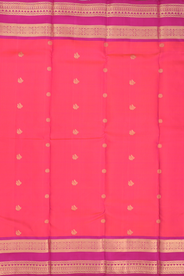 Kanchipuram Silk Saree In Coral Pink With Peacock Buttas