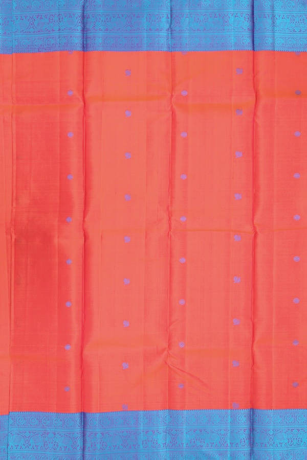 Kanchipuram Silk Saree In Coral Pink With Peacock Buttas