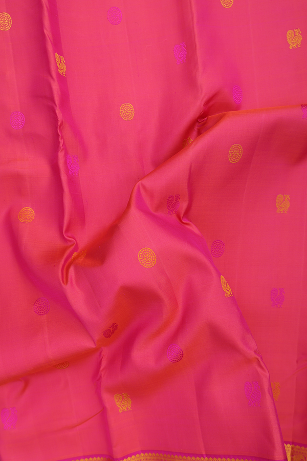 Kanchipuram Silk Saree In Coral Pink With Peacock Buttas