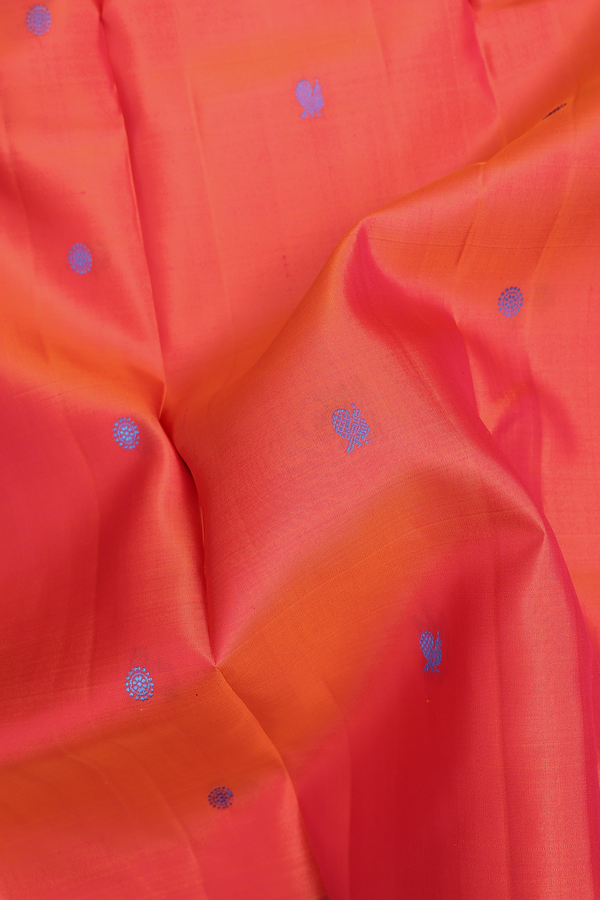 Kanchipuram Silk Saree In Coral Pink With Peacock Buttas