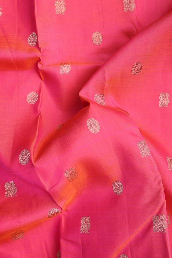 Kanchipuram Silk Saree In Coral Pink With Peacock Buttas