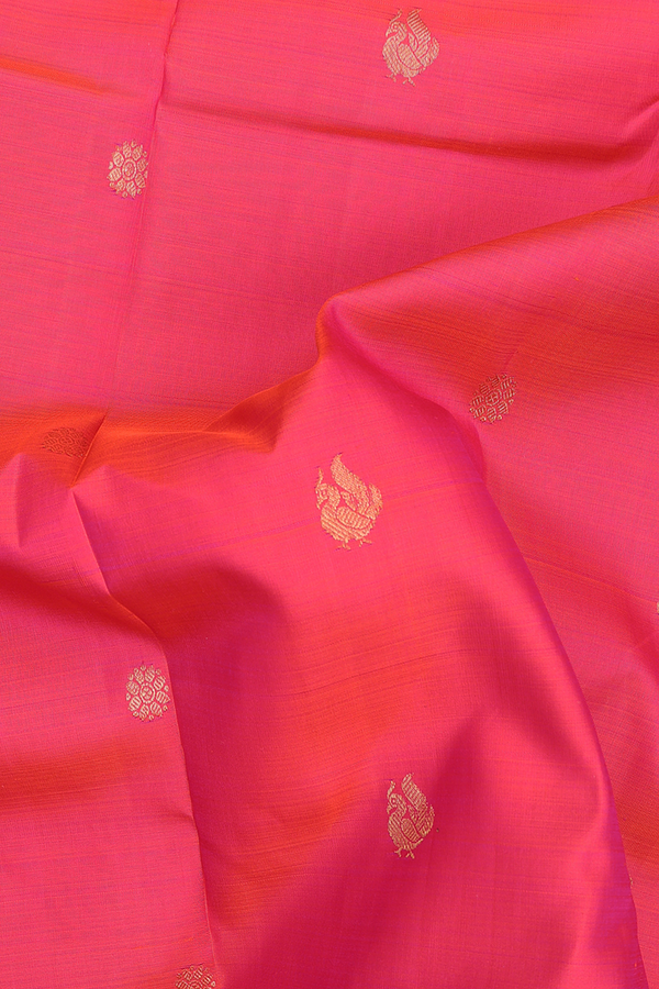 Kanchipuram Silk Saree In Coral Pink With Peacock Buttas