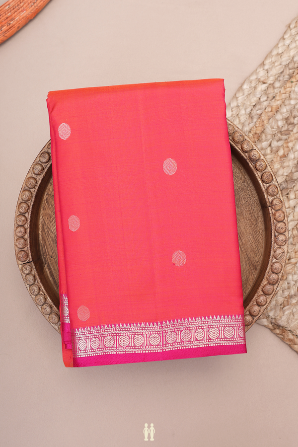 Kanchipuram Silk Saree In Coral Pink With Rudraksh Buttas
