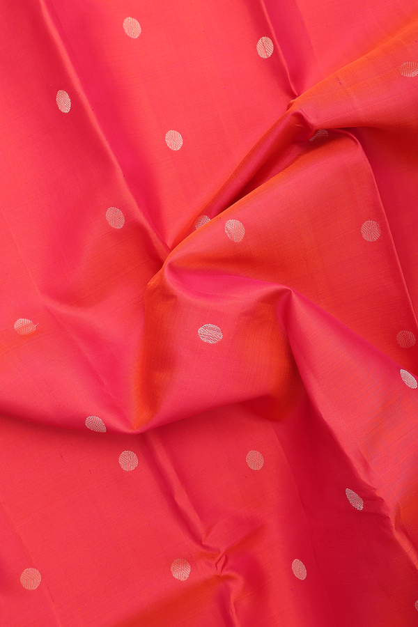 Kanchipuram Silk Saree In Coral Pink With Rudraksh Buttas