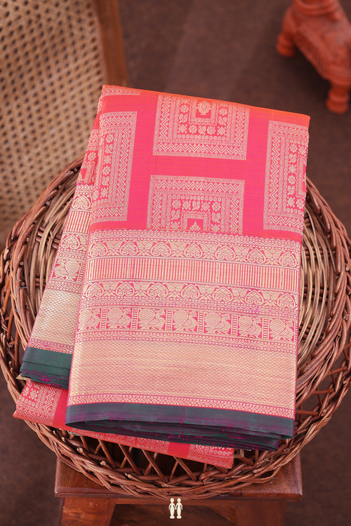 Kanchipuram Silk Saree In Coral Pink With Square Design