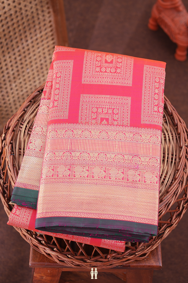 Kanchipuram Silk Saree In Coral Pink With Square Design