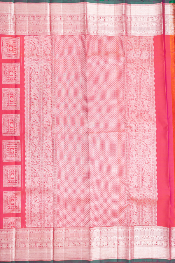 Kanchipuram Silk Saree In Coral Pink With Square Design