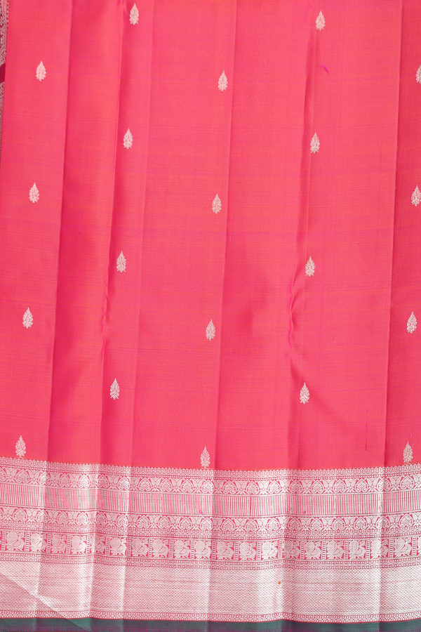 Kanchipuram Silk Saree In Coral Pink With Square Design