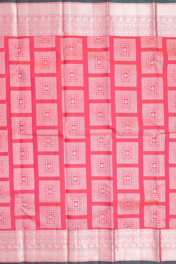 Kanchipuram Silk Saree In Coral Pink With Square Design