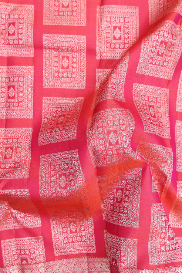 Kanchipuram Silk Saree In Coral Pink With Square Design