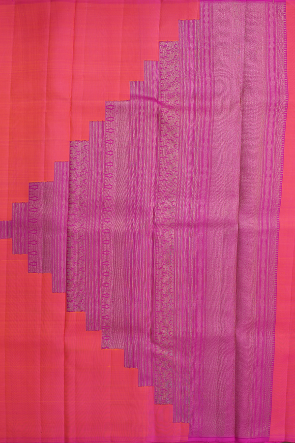 Kanchipuram Silk Saree In Coral Pink With Temple Design Pallu