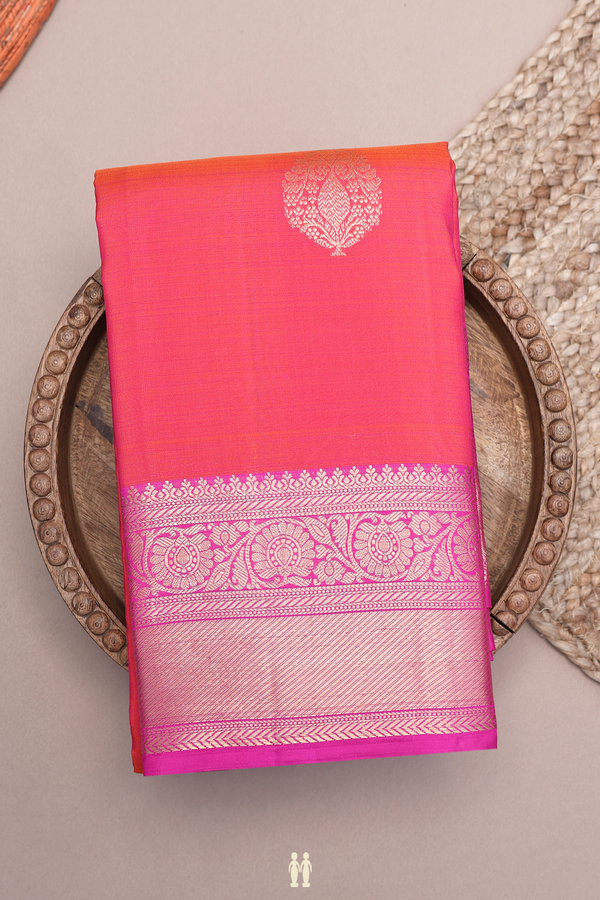 Kanchipuram Silk Saree In Coral Pink With Tree Motifs