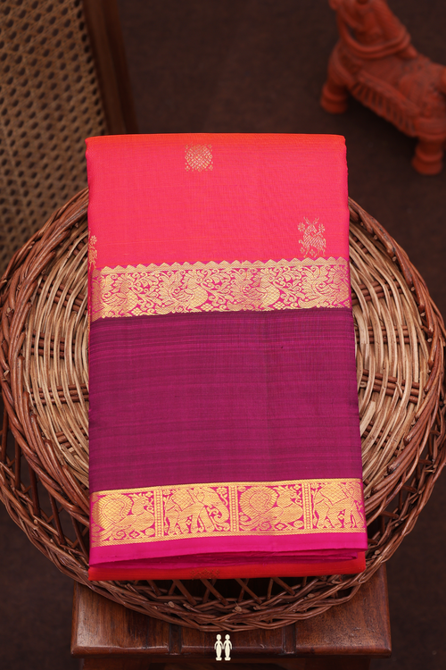 Kanchipuram Silk Saree In Coral Pink With Zari Buttas