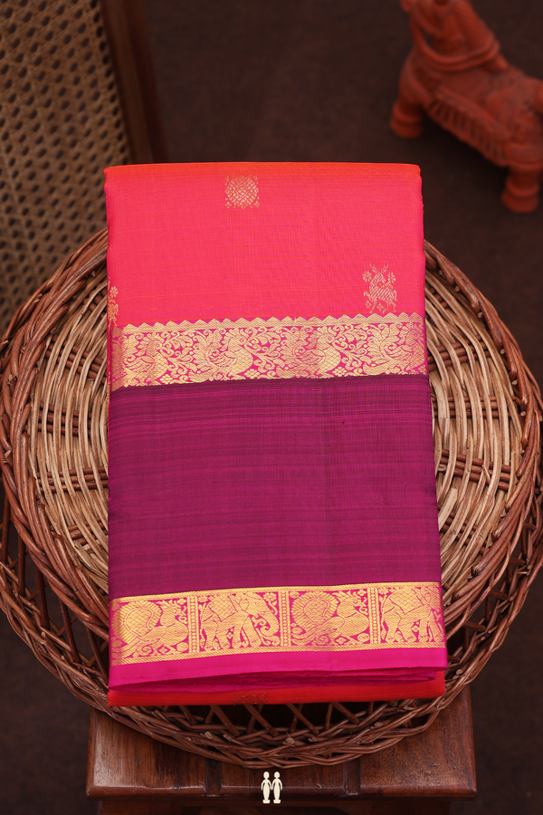 Kanchipuram Silk Saree In Coral Pink With Zari Buttas