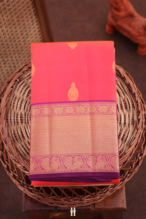 Kanchipuram Silk Saree In Coral Pink With Zari Buttas