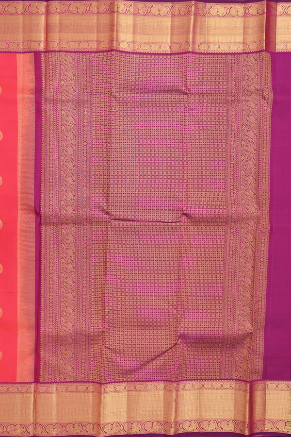 Kanchipuram Silk Saree In Coral Pink With Zari Buttas