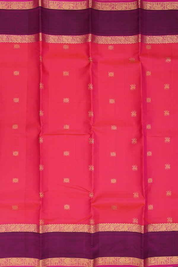 Kanchipuram Silk Saree In Coral Pink With Zari Buttas