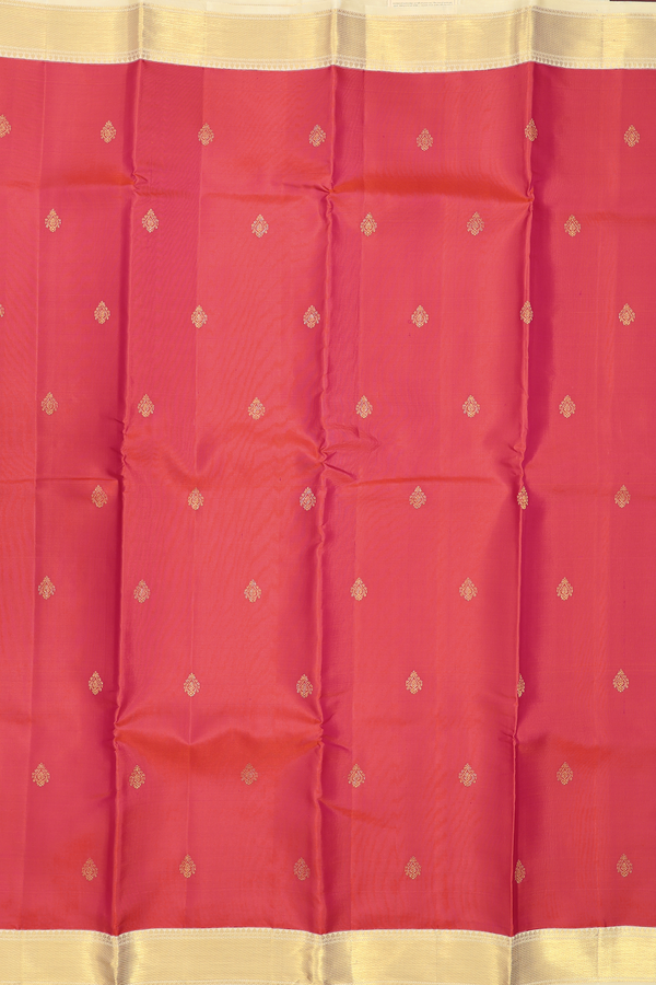 Kanchipuram Silk Saree In Coral Pink With Zari Buttas