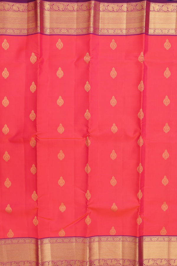Kanchipuram Silk Saree In Coral Pink With Zari Buttas