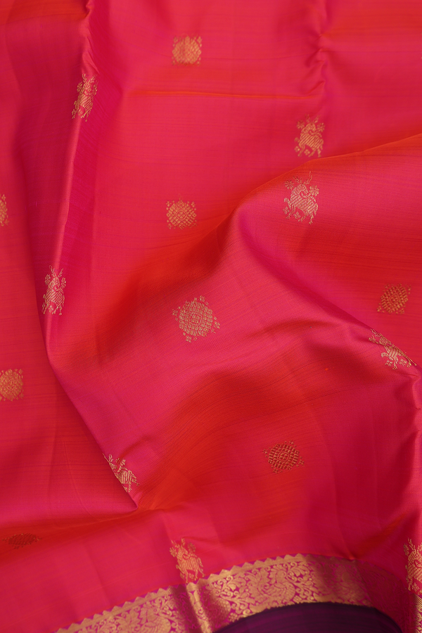 Kanchipuram Silk Saree In Coral Pink With Zari Buttas