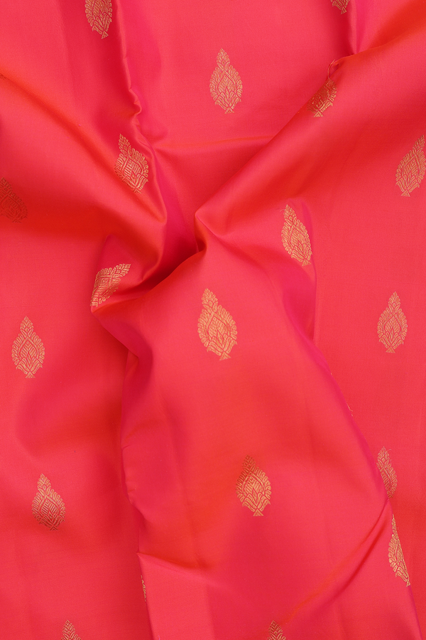 Kanchipuram Silk Saree In Coral Pink With Zari Buttas