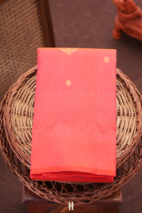 Kanchipuram Silk Saree In Coral Red Along Stripes With Buttas