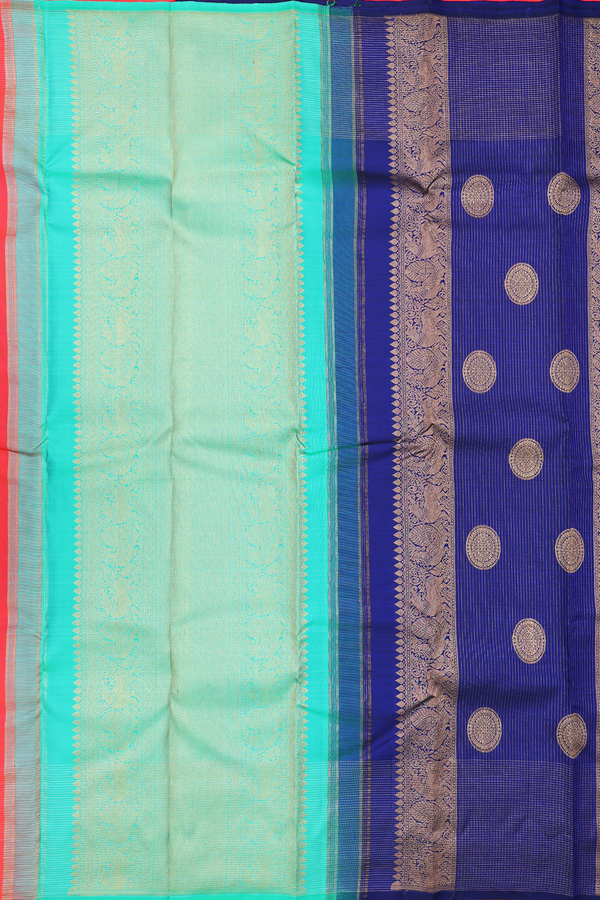 Kanchipuram Silk Saree In Coral Red Along Stripes With Buttas