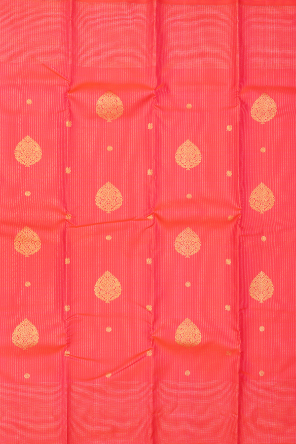 Kanchipuram Silk Saree In Coral Red Along Stripes With Buttas