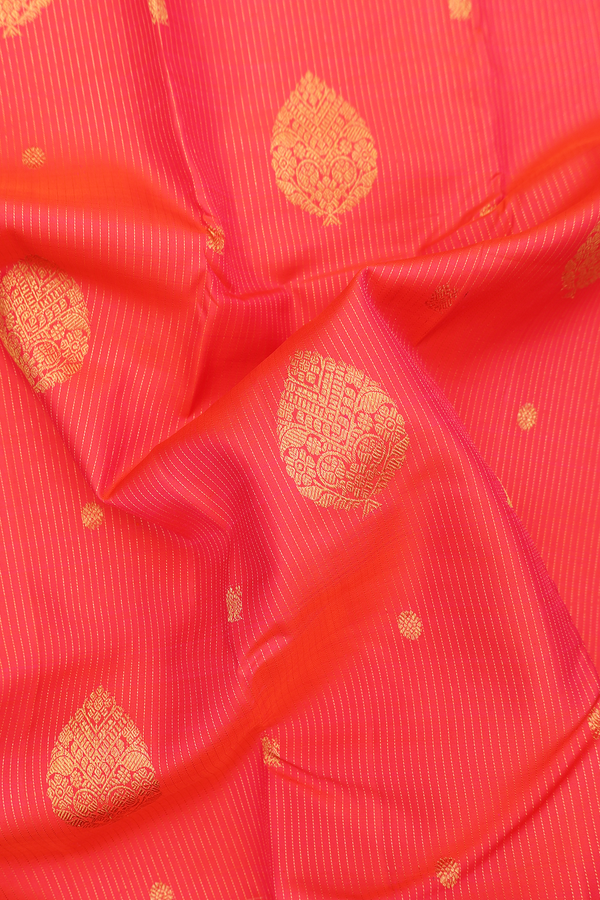 Kanchipuram Silk Saree In Coral Red Along Stripes With Buttas
