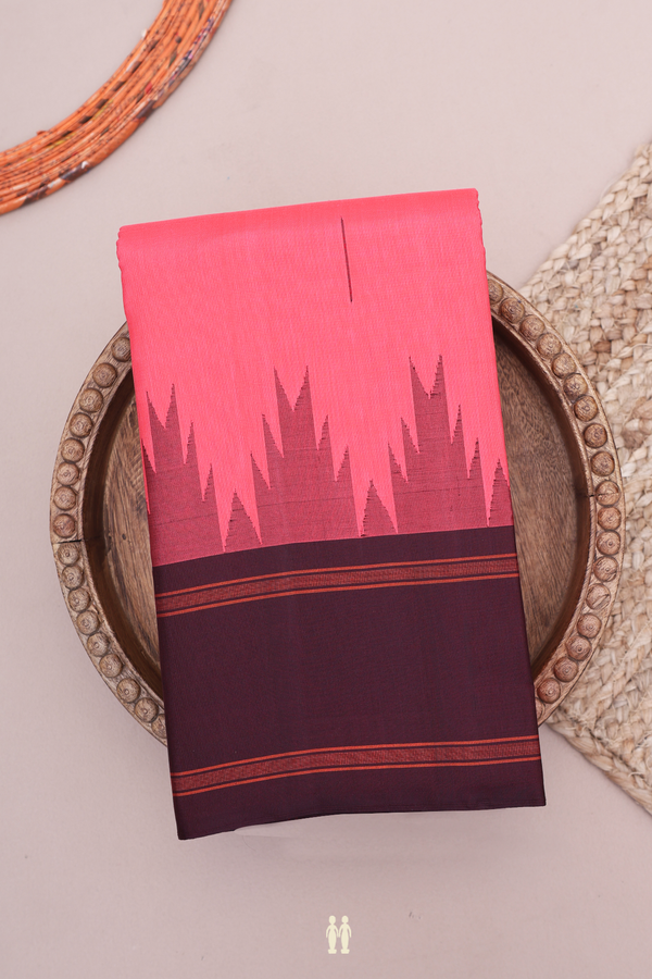 Kanchipuram Silk Saree In Coral Red With Temple Border