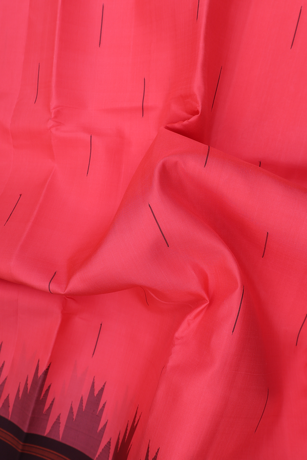 Kanchipuram Silk Saree In Coral Red With Temple Border