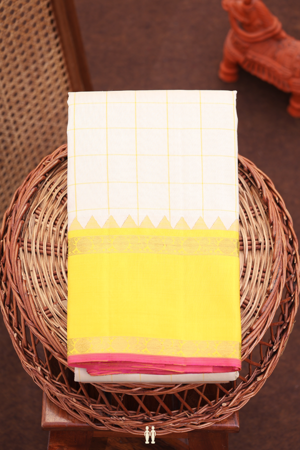 Kanchipuram Silk Saree In Cream Color With Checks Design