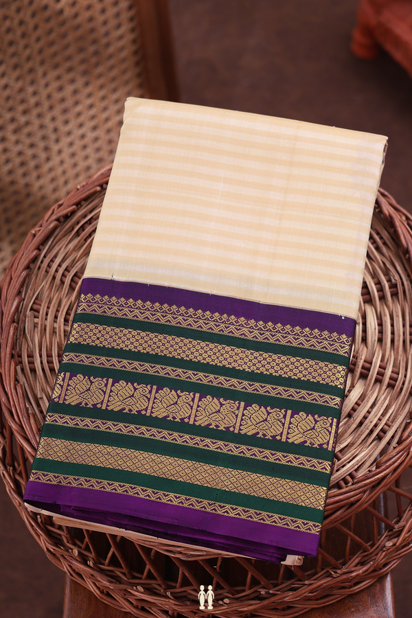 Kanchipuram Silk Saree In Cream Color With Self Stripes Design