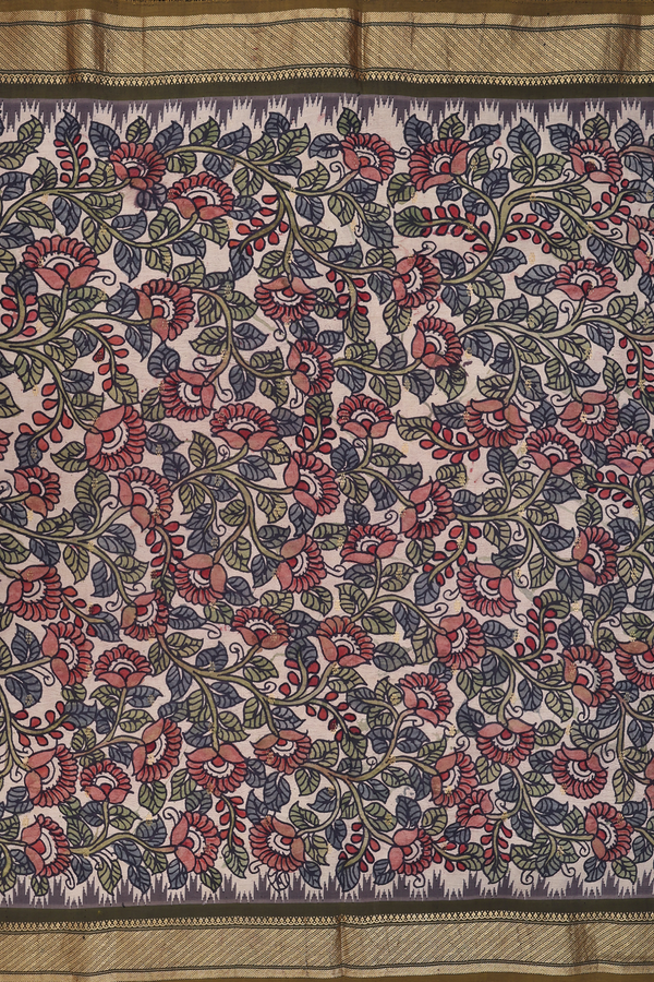 Kanchipuram Silk Saree In Cream With Floral Hand Painted