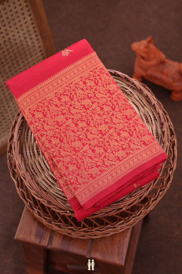 Kanchipuram Silk Saree In Crimson Red With Birds Buttas