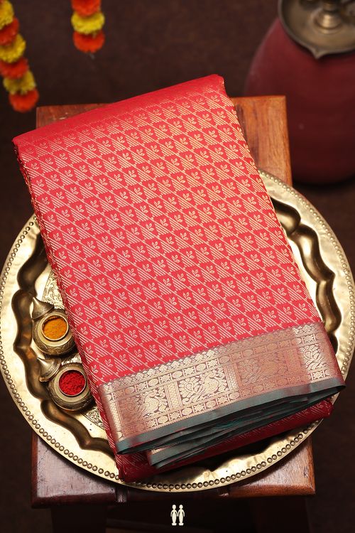 Kanchipuram Silk Saree In Crimson Red With Brocade Design