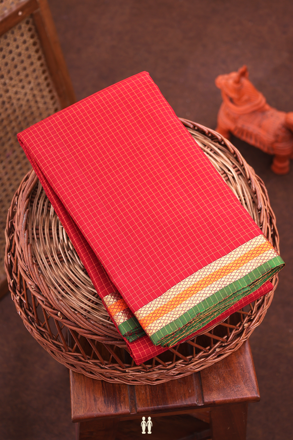 Kanchipuram Silk Saree In Crimson Red With Checks Design