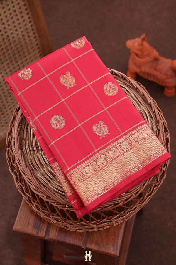 Kanchipuram Silk Saree Crimson Red With Checks Along Buttas
