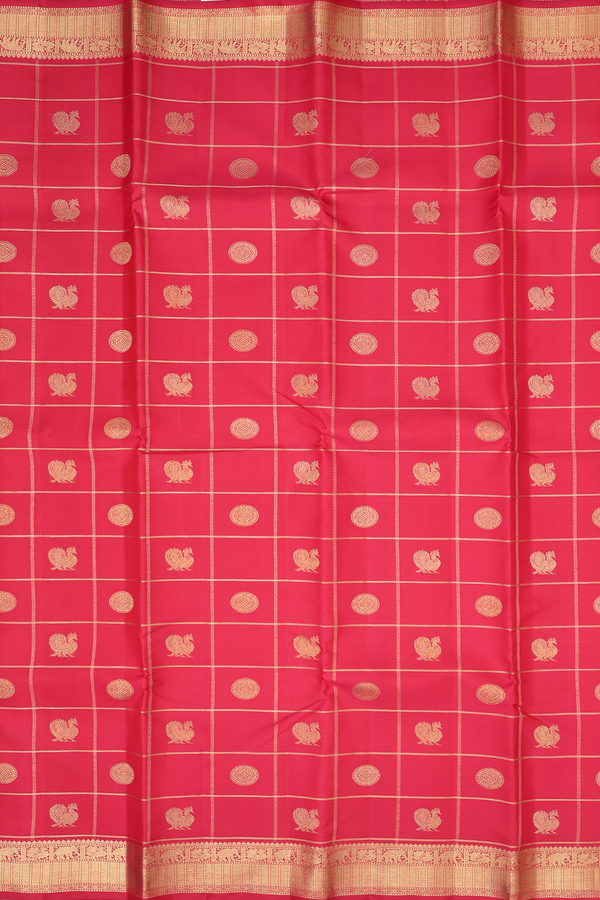 Kanchipuram Silk Saree Crimson Red With Checks Along Buttas