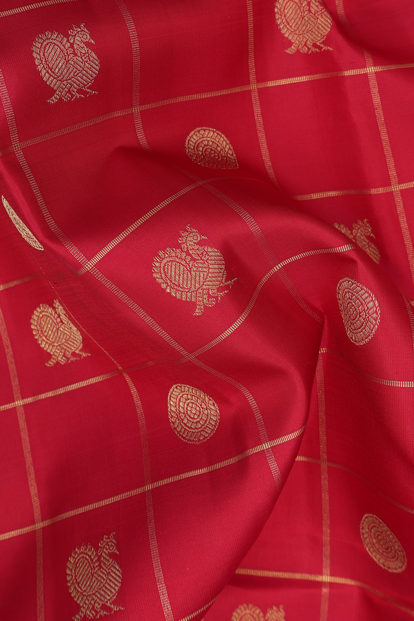 Kanchipuram Silk Saree Crimson Red With Checks Along Buttas
